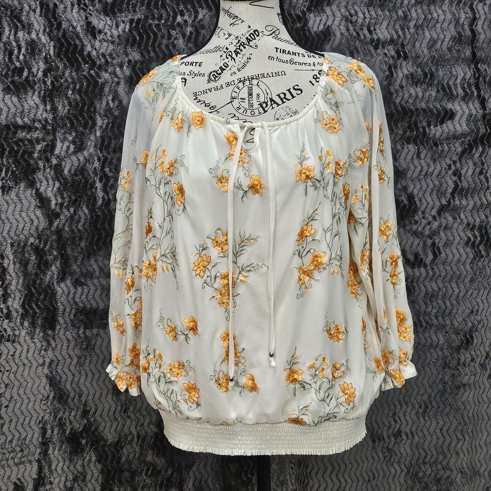 Skye's The Limit Top Women M Floral Embroidery Sheer Mesh Cottage Fairy Coquette